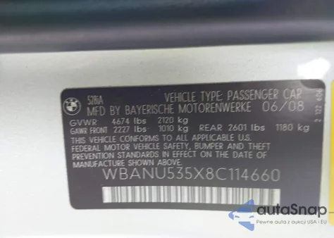 2008 BMW 528I из США, поврежденный, VIN WBANU535X8C114660